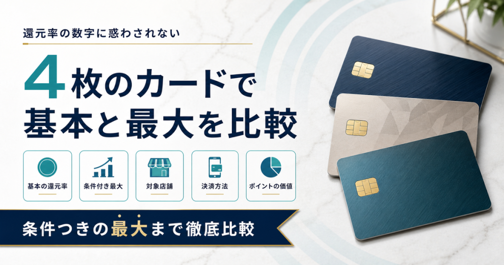 還元率が高いクレジットカード4枚を基本と最大の還元率で比較するアイキャッチ画像
