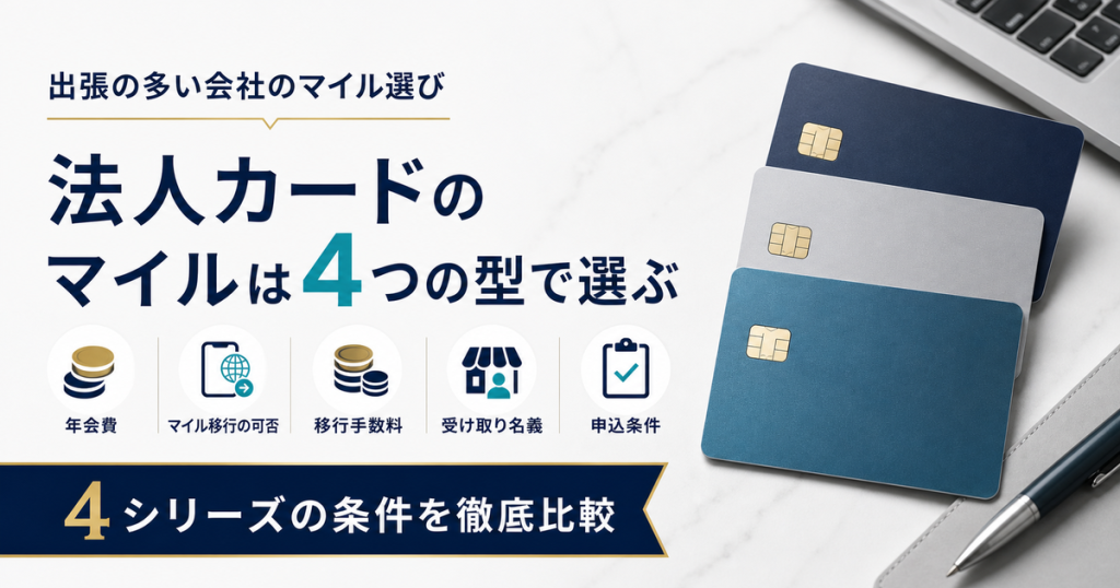 法人カードのマイルは4つの型で選ぶ。ANA JCB法人カード、ANAコーポレートカード、JAL法人カード、セゾンプラチナ・ビジネス・アメックスの4シリーズを年会費・マイル移行の可否・移行手数料・受け取り名義・申込条件で比較するアイキャッチ画像