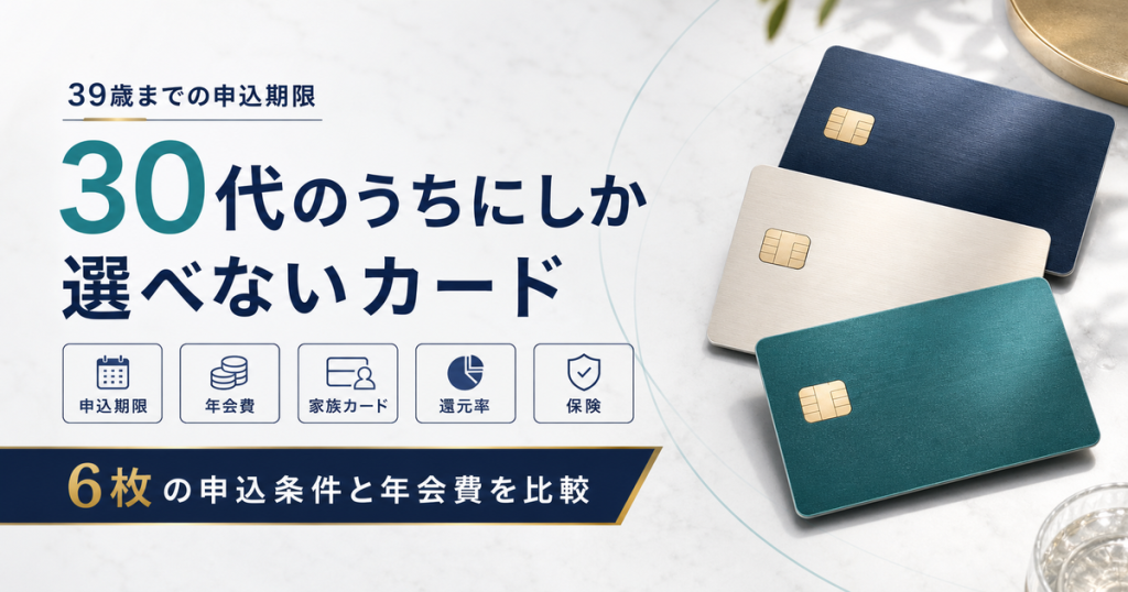 30代向けクレジットカード6枚を比較するアイキャッチ。39歳までの申込期限という導入、30代のうちにしか選べないカードという主題、申込期限・年会費・家族カード・還元率・保険という5つの比較軸を配置している。