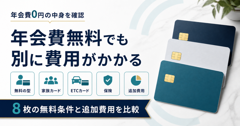 年会費無料のクレジットカード8枚を比較するアイキャッチ。年会費0円の中身を確認という導入、年会費無料でも別に費用がかかるという主題、無料の型・家族カード・ETCカード・保険・追加費用という5つの比較軸、8枚の無料条件と追加費用を比較というリボンを配置している。