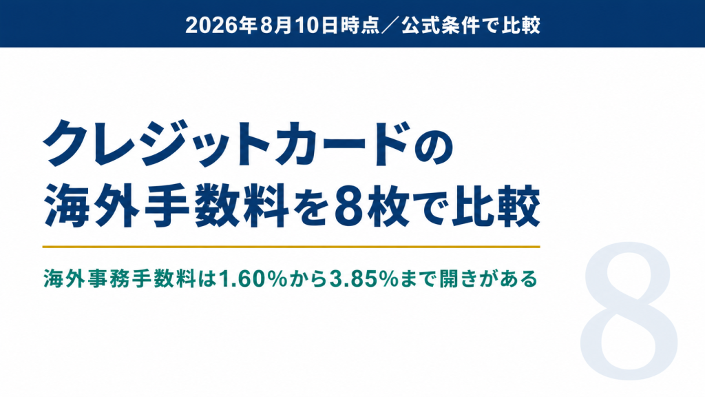 クレジットカードの海外手数料を8枚で比較した記事のアイキャッチ画像。海外事務手数料が1.60％から3.85％まで開きがあることを示している