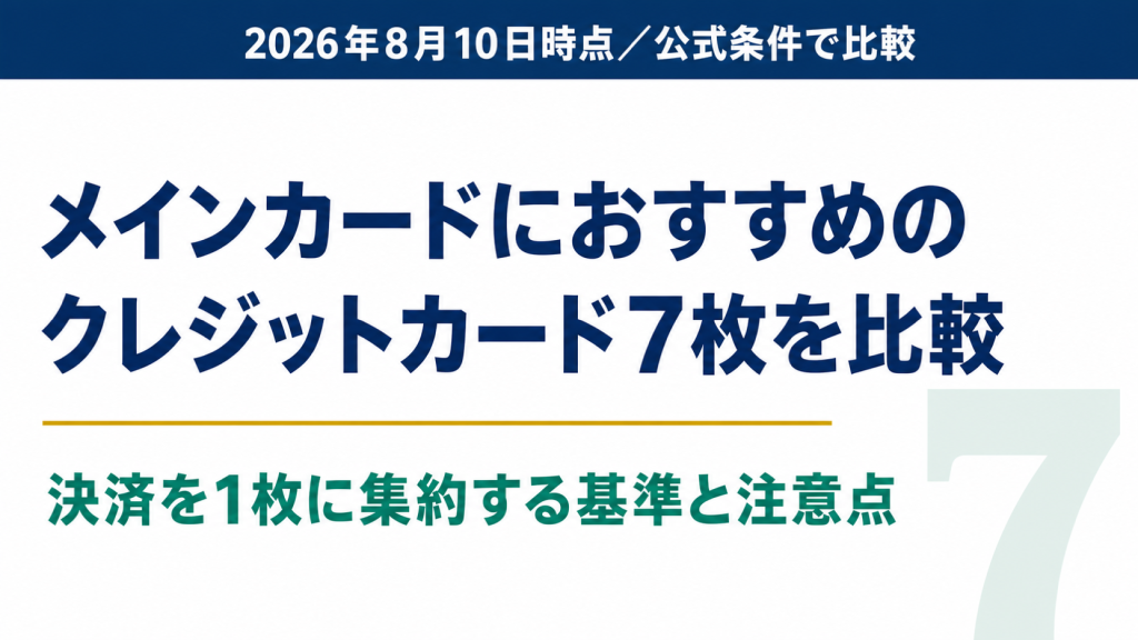 メインカードにおすすめのクレジットカード7枚を比較した記事のアイキャッチ画像。決済を1枚に集約する基準と注意点を示している